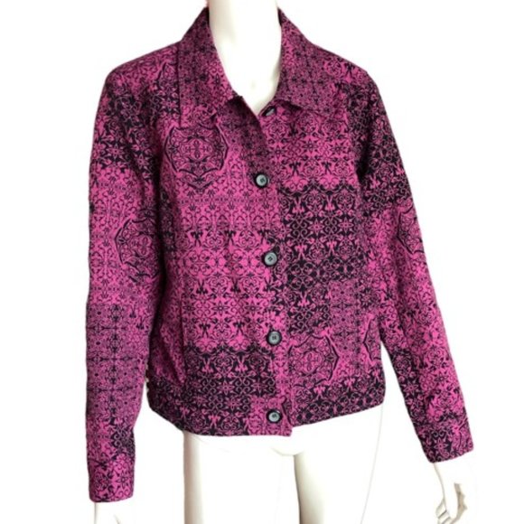 Susan Graver Style jacket graphic print black dark pink fuchsia plum  Si… - Picture 1 of 7